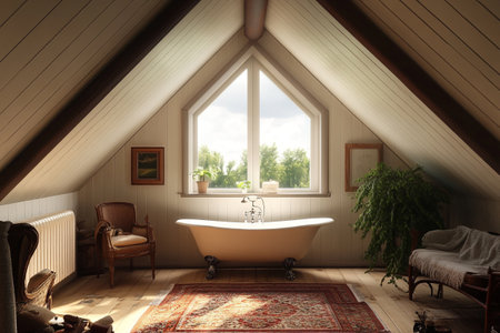 Interior of a room with a bathtub and a wooden roofの写真素材