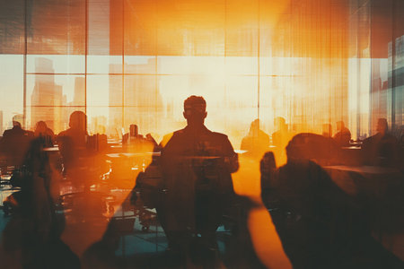 Silhouettes of business people in a modern office. Double exposureの写真素材