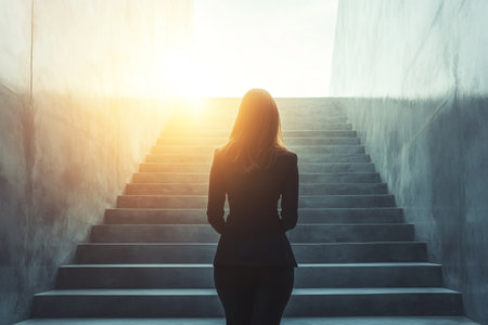 Rear view of a young businesswoman standing on the stairs in the light of the morning sun.の写真素材