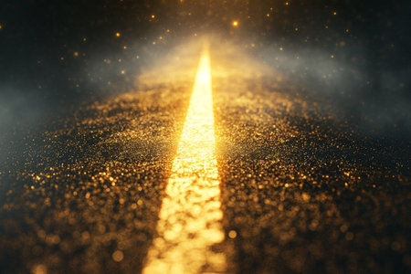 Golden glitter background with lights and rays. 3d rendering toned imageの素材