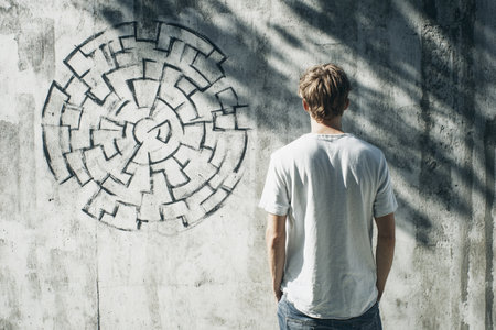 Young man looking at a maze on a concrete wall. Concept of solving a problem.の写真素材