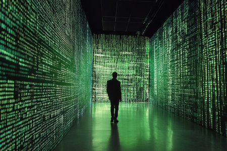 Silhouette of a hacker in the middle of a binary code tunnelの写真素材