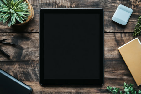 Top view of modern workplace with tablet, stationery and copy spaceの写真素材