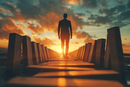 Silhouette of a man walking on a wooden bridge at sunsetの写真素材