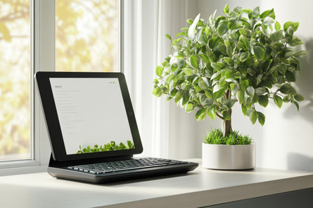 Laptop with blank screen on table near window. Mockup for designの写真素材