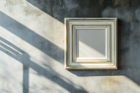 Old wooden picture frame on cement wall with shadow from the sun.の写真素材
