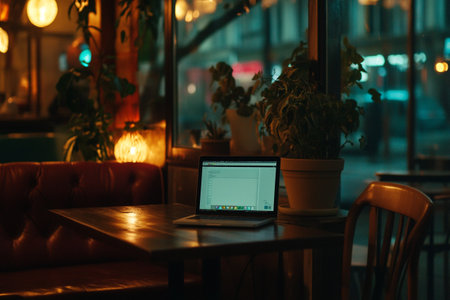Laptop on a table in a cafe at night in the cityの素材