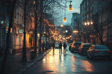 Streets of the city at night. People walk along the street.の写真素材