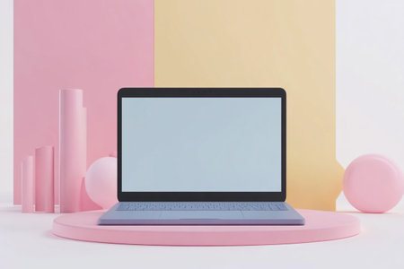 Laptop with blank screen on pink and yellow background. 3D Renderingの写真素材