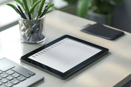 Tablet with blank notepad on table in office, closeupの写真素材
