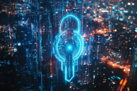 Cyber security concept with glowing padlock on night city background. 3D Renderingの写真素材