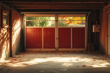 Wooden door with red panels in an old farmhouseの写真素材