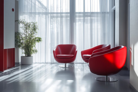 Interior of modern office with red armchairs and panoramic windowsの素材