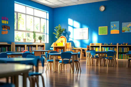 Interior of a school classroom with blue walls and wooden floor. 3d rendering.の写真素材