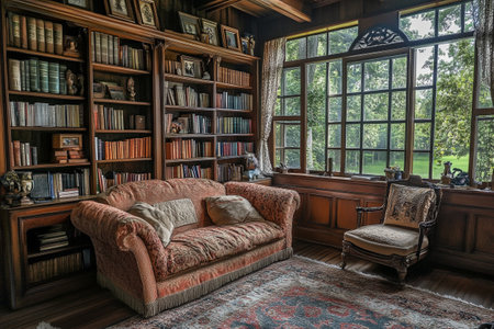 Interior of a living room with bookshelves and antique furnitureの写真素材