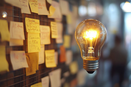 Light bulb on wall with sticky notes. Concept of idea and innovation.の写真素材