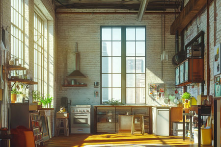 interior of modern cafe with brick walls, wooden floor and bright windowsの素材