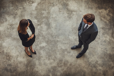 Top view of businessman and businesswoman looking at each other in officeの写真素材