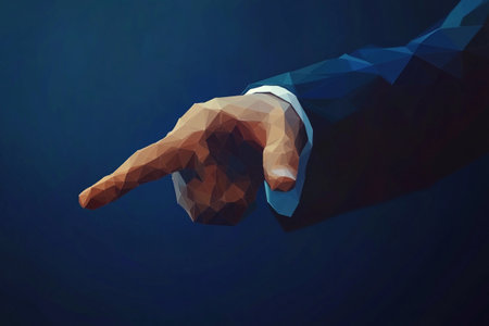 Low poly businessman hand pointing up on dark blue background. Vector illustrationの写真素材