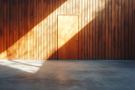Wooden room with door and sunlight. 3D Rendering.の素材