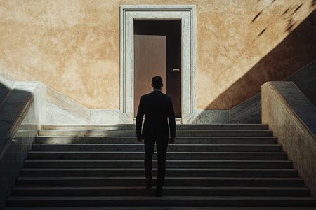 Rear view of a businessman standing on the stairs in front of a doorの写真素材