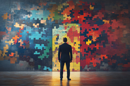 Businessman standing in front of opened door with colorful puzzle pieces on concrete wall background. Solution conceptの写真素材