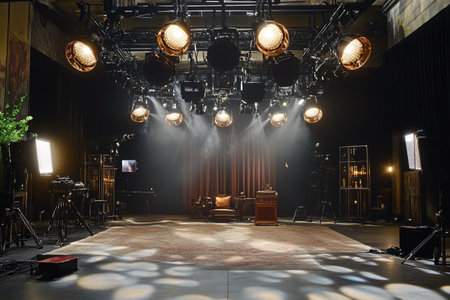 Interior of a theater with lighting equipment and lighting equipment in the darkの写真素材