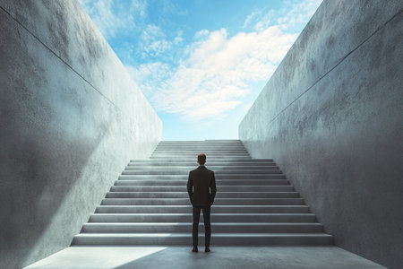 Businessman standing in front of stairs leading up to sky. Success conceptの写真素材