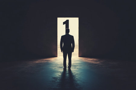 Businessman standing in front of a door in an empty dark roomの写真素材