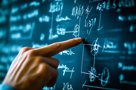 Close-up of hand pointing at chalkboard with mathematical formulas on itの写真素材