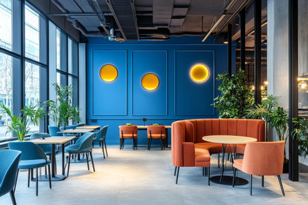 Interior of modern cafe with blue walls, concrete floor, orange armchairs and round tables with orange chairs. 3d renderingの写真素材