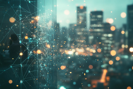 Double exposure of network connection on abstract city background. Technology concept.の写真素材