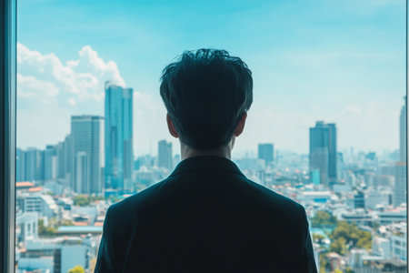 Back view of businessman looking out the window with cityscape background.の写真素材