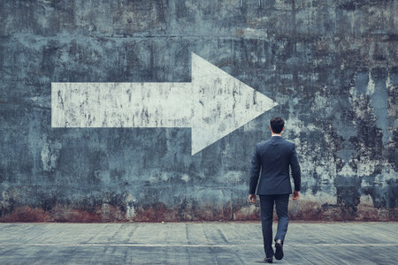 Businessman standing in front of a concrete wall with an arrow pointing rightの素材