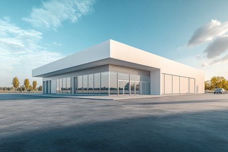 3d render of modern office building exterior with empty parking lot.の写真素材