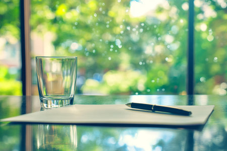 Glass of water and notebook on table in coffee shop - Vintage Filterの写真素材