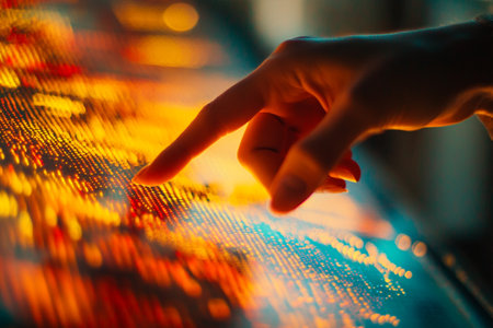 Close up of human hand touching digital screen. Focus on finger.の写真素材