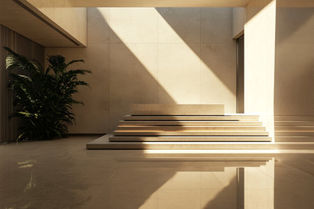 3d render of a modern interior with stairs and plants in sunlightの写真素材