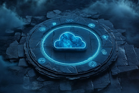 Cloud computing concept. Blue neon cloud icon on dark background. 3D Renderingの写真素材