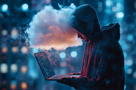 A man in a hoodie is holding a laptop and a cloud of smoke. The concept of cybercrime.の写真素材