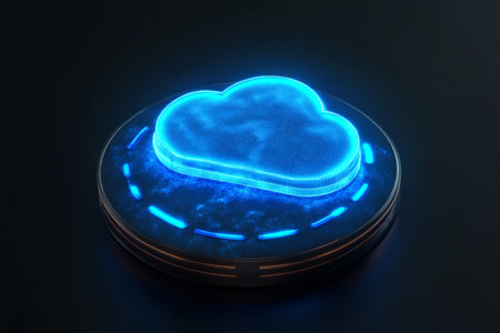Cloud computing concept. Blue neon cloud on dark background. 3D Renderingの写真素材