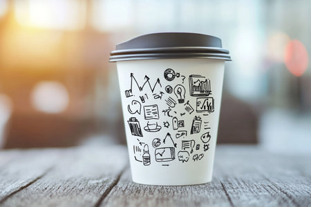 Coffee cup with business doodles on table in cafeの写真素材
