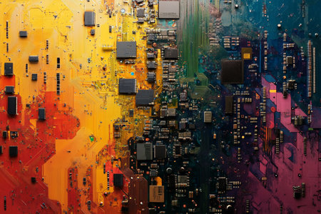 Computer motherboard close-up. Electronic circuit board. Technology background.の写真素材