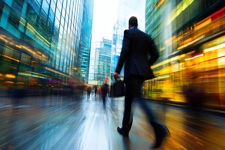 Businessman walking in the city with motion blur effect, business conceptの写真素材