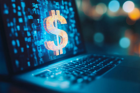 Dollar sign on laptop screen with blue light bokeh backgroundの素材