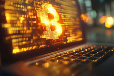 Bitcoin sign on the laptop screen. Cryptocurrency and finance concept.の写真素材