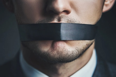 Close-up of a man with a black tape on his mouthの写真素材