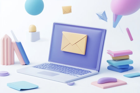 Laptop with email symbol on screen. E-mail concept. 3D Renderingの写真素材