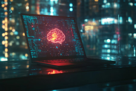 Laptop with human brain on blurry background. Artificial intelligence concept. 3D Renderingの写真素材