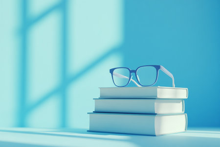 Pile of books with eyeglasses on a light blue backgroundの写真素材